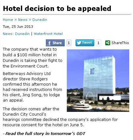 ODT 25.6.13 Hotel decision to be appealed [screenshot]
